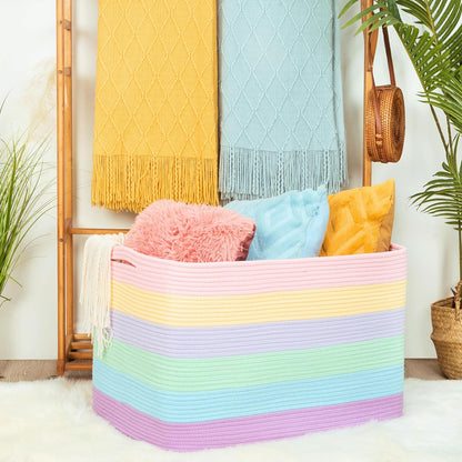 112L Extra Large Blanket Basket Holder Living Room, 25"x17"x16" Rectangle Rope Woven Storage Basket with Handles for Laundry, Towels, Shoes, Dog Toy Organizer Bin Box, Pastel Rainbow