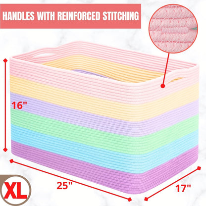 112L Extra Large Blanket Basket Holder Living Room, 25"x17"x16" Rectangle Rope Woven Storage Basket with Handles for Laundry, Towels, Shoes, Dog Toy Organizer Bin Box, Pastel Rainbow