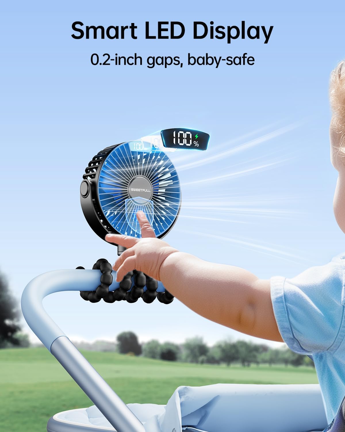 Portable Stroller Fan with LED Display, 4 Speed Rechargeable Mini Clip On Fan, 360° Rotate Flexible Tripod Better Cooling Small Baby Fan for Car Seat Crib Travel Bike Treadmill (Green)