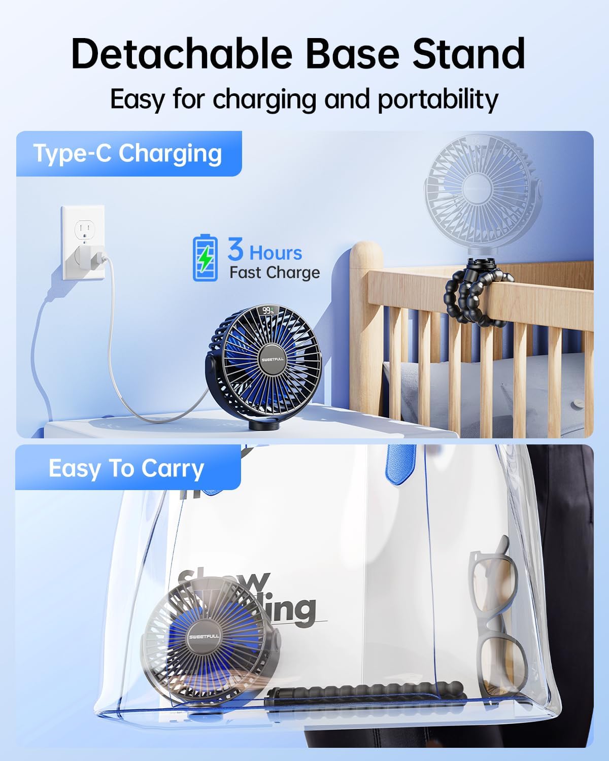 Portable Stroller Fan with LED Display, 4 Speed Rechargeable Mini Clip On Fan, 360° Rotate Flexible Tripod Better Cooling Small Baby Fan for Car Seat Crib Travel Bike Treadmill (Green)