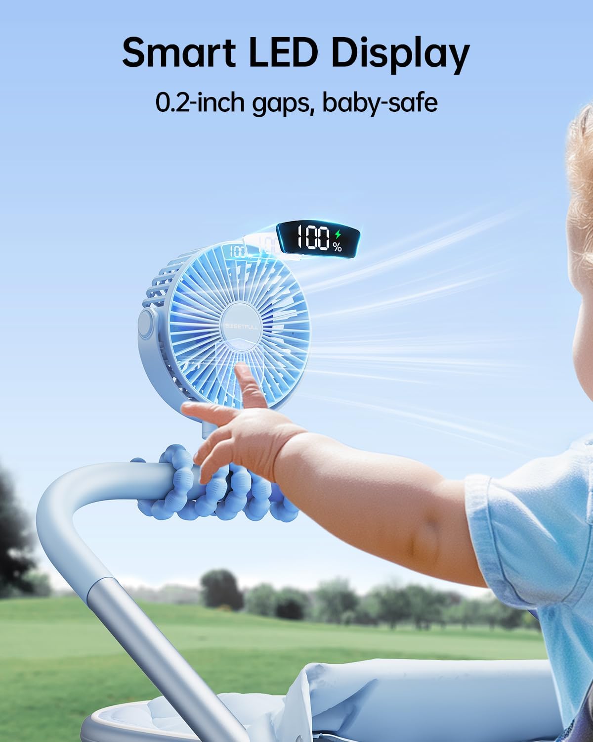 Portable Stroller Fan with LED Display, 4 Speed Rechargeable Mini Clip On Fan, 360° Rotate Flexible Tripod Better Cooling Small Baby Fan for Car Seat Crib Travel Bike Treadmill (Green)