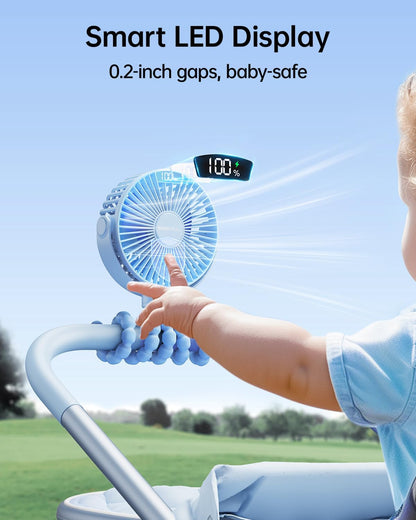 Portable Stroller Fan with LED Display, 4 Speed Rechargeable Mini Clip On Fan, 360° Rotate Flexible Tripod Better Cooling Small Baby Fan for Car Seat Crib Travel Bike Treadmill (Green)
