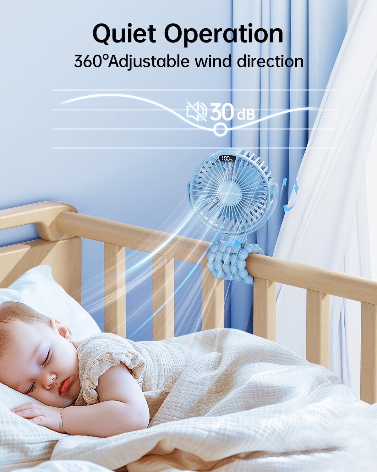 Portable Stroller Fan with LED Display, 4 Speed Rechargeable Mini Clip On Fan, 360° Rotate Flexible Tripod Better Cooling Small Baby Fan for Car Seat Crib Travel Bike Treadmill (Green)