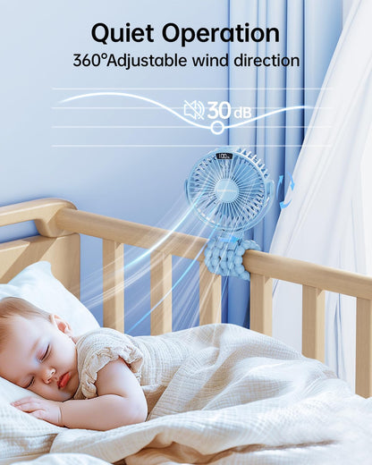 Portable Stroller Fan with LED Display, 4 Speed Rechargeable Mini Clip On Fan, 360° Rotate Flexible Tripod Better Cooling Small Baby Fan for Car Seat Crib Travel Bike Treadmill (Green)