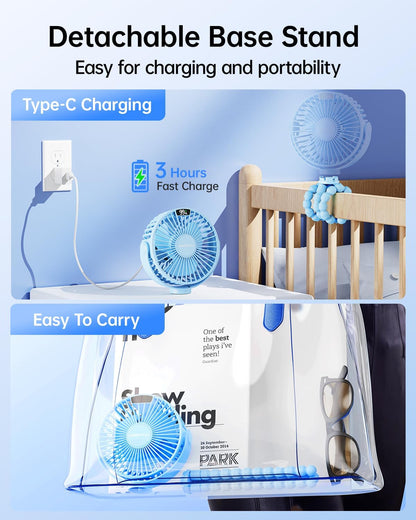 Portable Stroller Fan with LED Display, 4 Speed Rechargeable Mini Clip On Fan, 360° Rotate Flexible Tripod Better Cooling Small Baby Fan for Car Seat Crib Travel Bike Treadmill (Green)