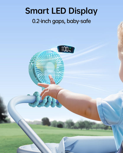 Portable Stroller Fan with LED Display, 4 Speed Rechargeable Mini Clip On Fan, 360° Rotate Flexible Tripod Better Cooling Small Baby Fan for Car Seat Crib Travel Bike Treadmill (Green)