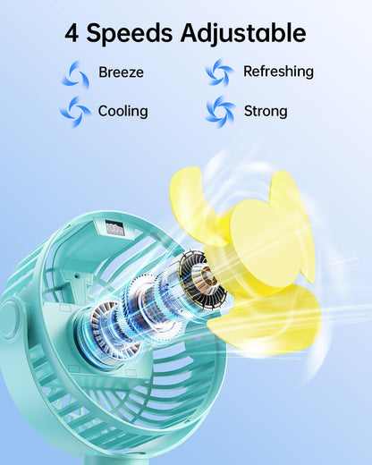 Portable Stroller Fan with LED Display, 4 Speed Rechargeable Mini Clip On Fan, 360° Rotate Flexible Tripod Better Cooling Small Baby Fan for Car Seat Crib Travel Bike Treadmill (Green)