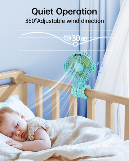 Portable Stroller Fan with LED Display, 4 Speed Rechargeable Mini Clip On Fan, 360° Rotate Flexible Tripod Better Cooling Small Baby Fan for Car Seat Crib Travel Bike Treadmill (Green)