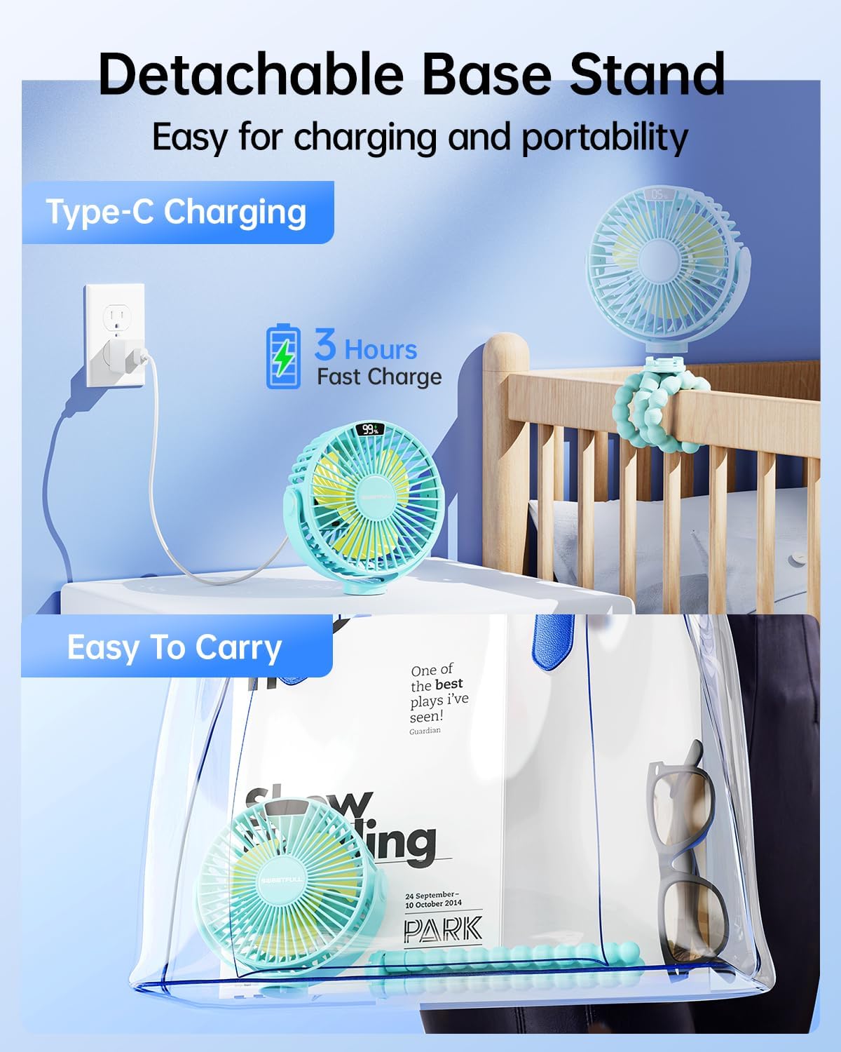 Portable Stroller Fan with LED Display, 4 Speed Rechargeable Mini Clip On Fan, 360° Rotate Flexible Tripod Better Cooling Small Baby Fan for Car Seat Crib Travel Bike Treadmill (Green)