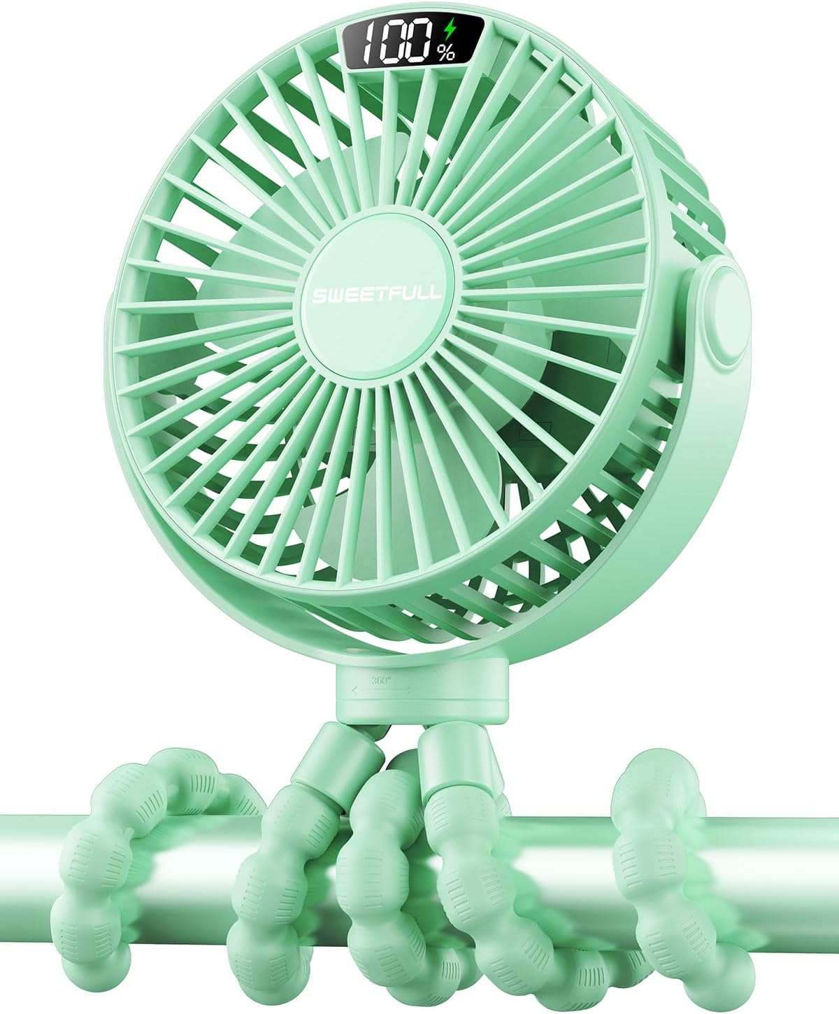 Portable Stroller Fan with LED Display, 4 Speed Rechargeable Mini Clip On Fan, 360° Rotate Flexible Tripod Better Cooling Small Baby Fan for Car Seat Crib Travel Bike Treadmill (Green)