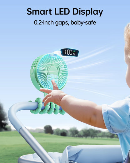 Portable Stroller Fan with LED Display, 4 Speed Rechargeable Mini Clip On Fan, 360° Rotate Flexible Tripod Better Cooling Small Baby Fan for Car Seat Crib Travel Bike Treadmill (Green)