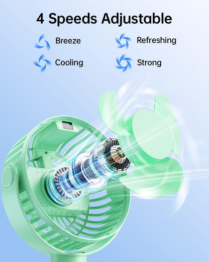 Portable Stroller Fan with LED Display, 4 Speed Rechargeable Mini Clip On Fan, 360° Rotate Flexible Tripod Better Cooling Small Baby Fan for Car Seat Crib Travel Bike Treadmill (Green)