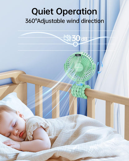Portable Stroller Fan with LED Display, 4 Speed Rechargeable Mini Clip On Fan, 360° Rotate Flexible Tripod Better Cooling Small Baby Fan for Car Seat Crib Travel Bike Treadmill (Green)