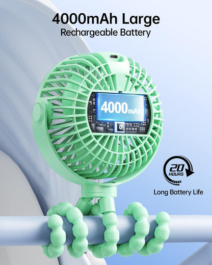 Portable Stroller Fan with LED Display, 4 Speed Rechargeable Mini Clip On Fan, 360° Rotate Flexible Tripod Better Cooling Small Baby Fan for Car Seat Crib Travel Bike Treadmill (Green)