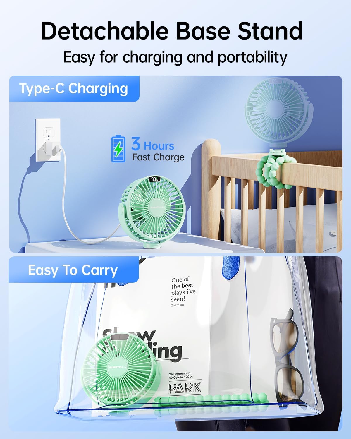 Portable Stroller Fan with LED Display, 4 Speed Rechargeable Mini Clip On Fan, 360° Rotate Flexible Tripod Better Cooling Small Baby Fan for Car Seat Crib Travel Bike Treadmill (Green)