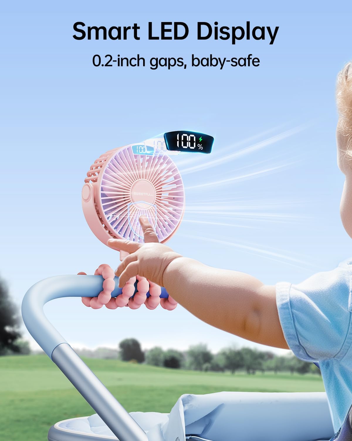 Portable Stroller Fan with LED Display, 4 Speed Rechargeable Mini Clip On Fan, 360° Rotate Flexible Tripod Better Cooling Small Baby Fan for Car Seat Crib Travel Bike Treadmill (Green)