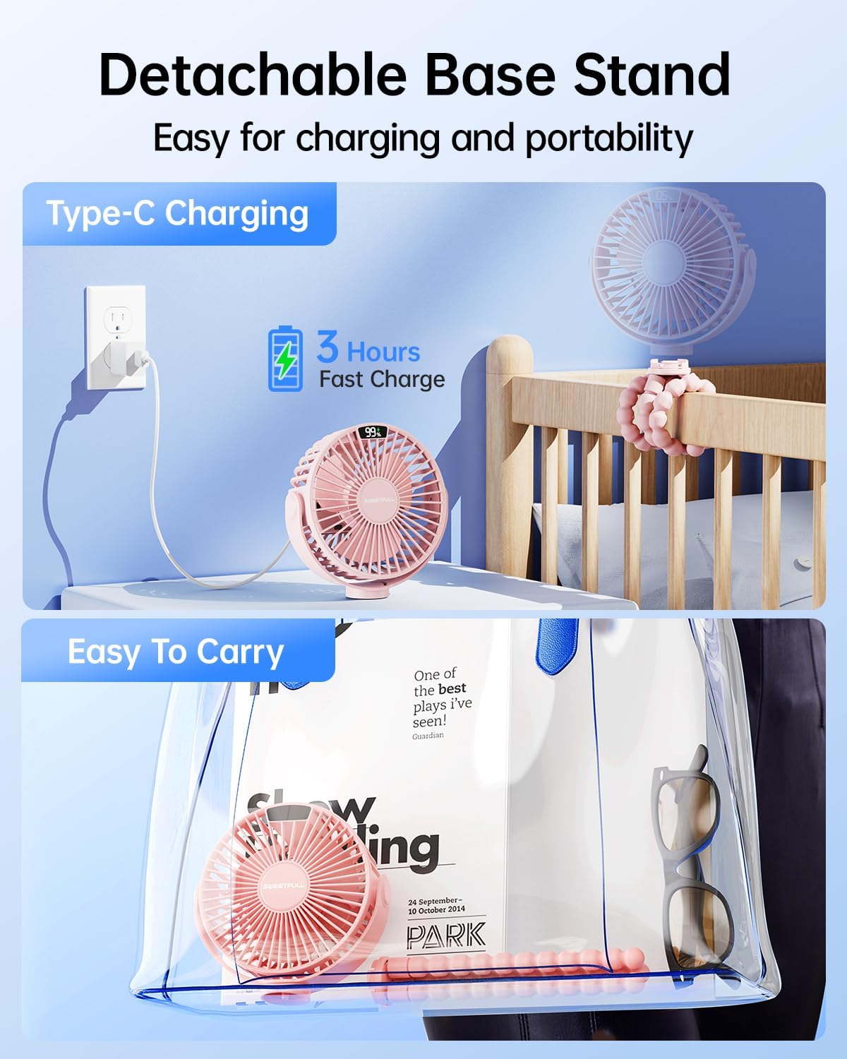 Portable Stroller Fan with LED Display, 4 Speed Rechargeable Mini Clip On Fan, 360° Rotate Flexible Tripod Better Cooling Small Baby Fan for Car Seat Crib Travel Bike Treadmill (Green)