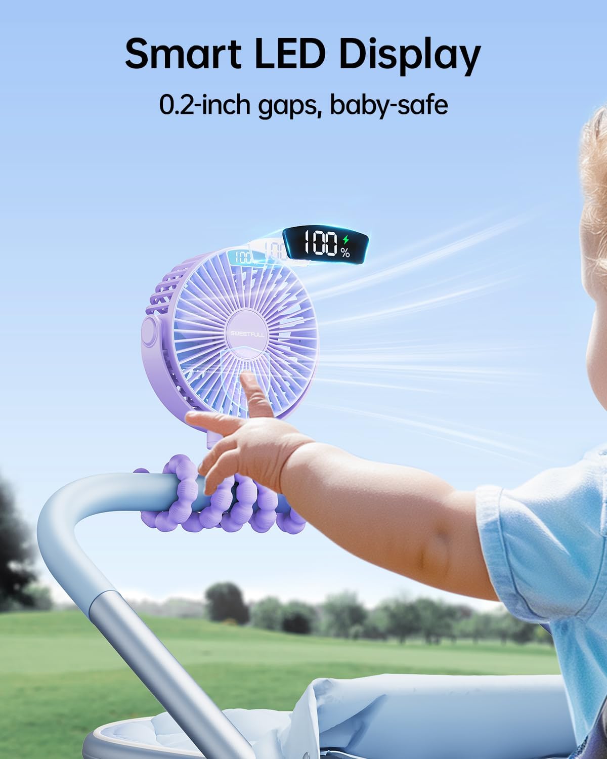Portable Stroller Fan with LED Display, 4 Speed Rechargeable Mini Clip On Fan, 360° Rotate Flexible Tripod Better Cooling Small Baby Fan for Car Seat Crib Travel Bike Treadmill (Green)