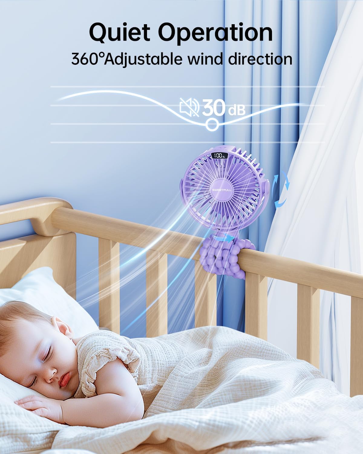 Portable Stroller Fan with LED Display, 4 Speed Rechargeable Mini Clip On Fan, 360° Rotate Flexible Tripod Better Cooling Small Baby Fan for Car Seat Crib Travel Bike Treadmill (Green)