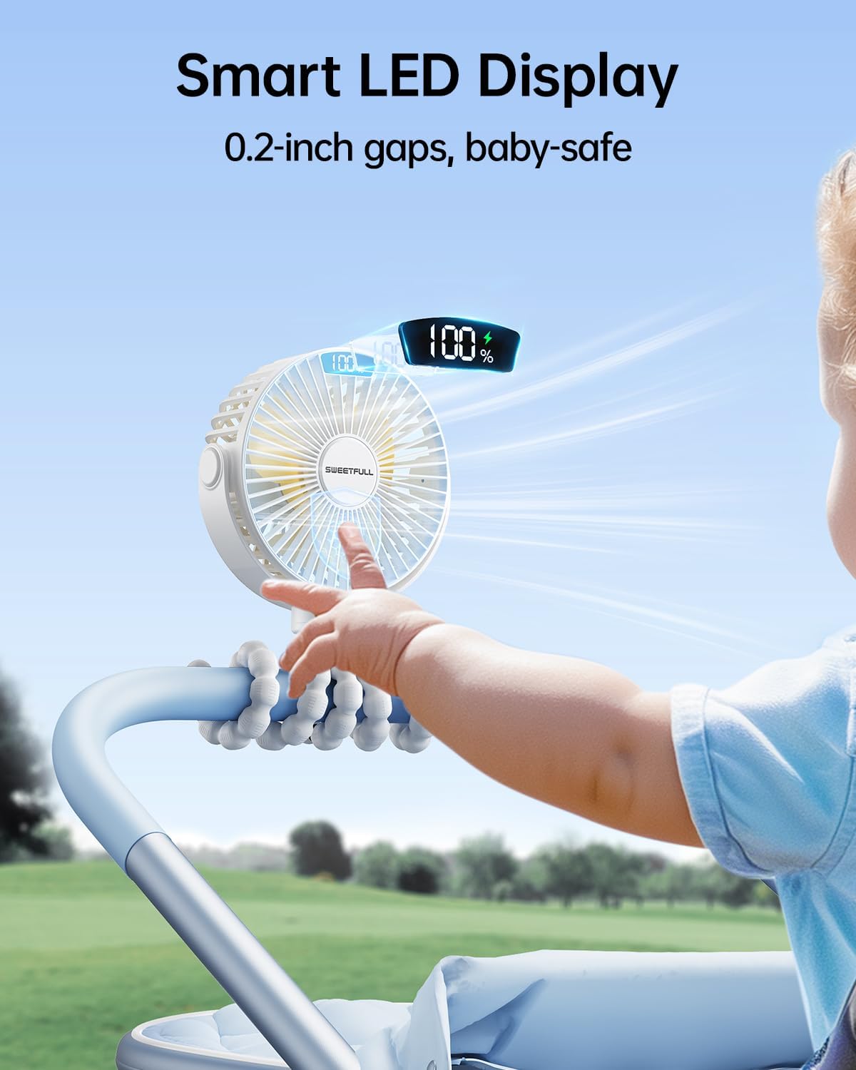 Portable Stroller Fan with LED Display, 4 Speed Rechargeable Mini Clip On Fan, 360° Rotate Flexible Tripod Better Cooling Small Baby Fan for Car Seat Crib Travel Bike Treadmill (Green)