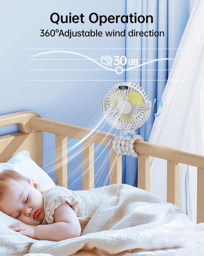 Portable Stroller Fan with LED Display, 4 Speed Rechargeable Mini Clip On Fan, 360° Rotate Flexible Tripod Better Cooling Small Baby Fan for Car Seat Crib Travel Bike Treadmill (Green)