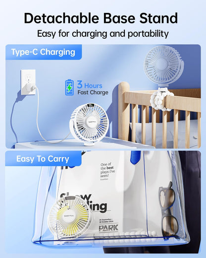 Portable Stroller Fan with LED Display, 4 Speed Rechargeable Mini Clip On Fan, 360° Rotate Flexible Tripod Better Cooling Small Baby Fan for Car Seat Crib Travel Bike Treadmill (Green)