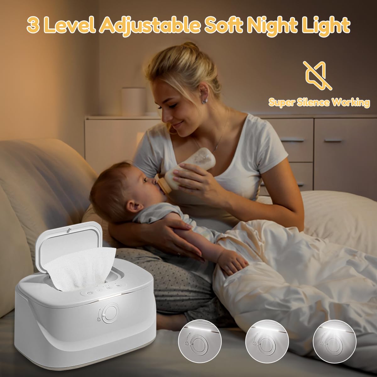Baby Wipe Warmer with Night Light,Innovative Spring Design,Baby Wet Wipes Dispenser for Large Wipes,Wipes Warmer for Newborn Baby,Temperature Display,3 Modes of Temperature Heating Control
