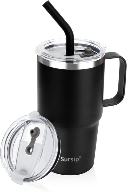 24 oz Insulated Tumbler with Handle Lids and Straw | Stainless Steel Double Wall Vacuum Travel Coffee Mugs for Office & Outdoor Leak proof BPA Free Cups