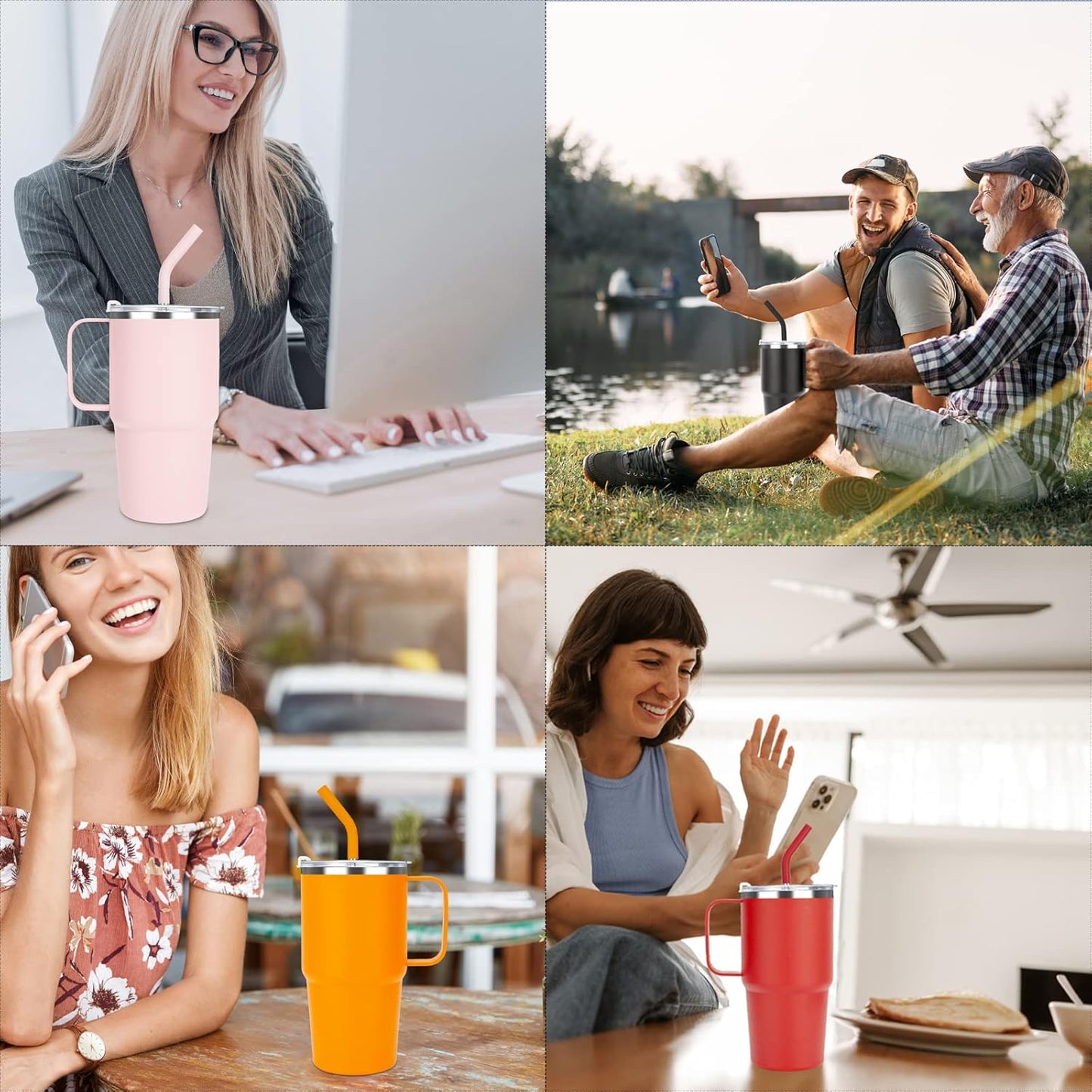 24 oz Insulated Tumbler with Handle Lids and Straw | Stainless Steel Double Wall Vacuum Travel Coffee Mugs for Office & Outdoor Leak proof BPA Free Cups