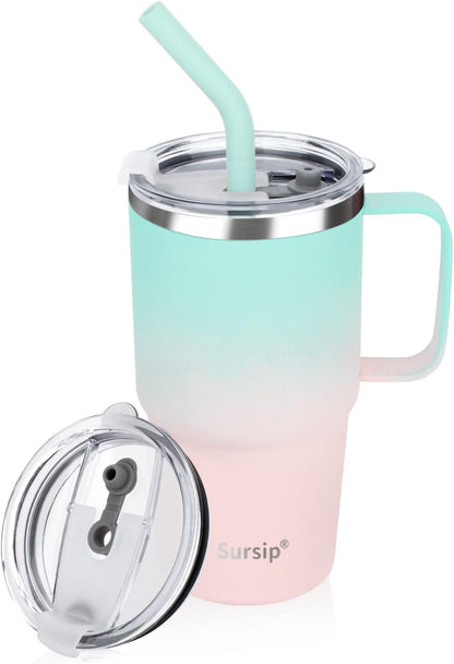 24 oz Insulated Tumbler with Handle Lids and Straw | Stainless Steel Double Wall Vacuum Travel Coffee Mugs for Office & Outdoor Leak proof BPA Free Cups