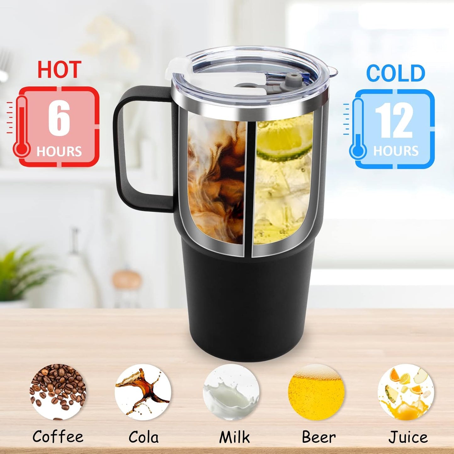 24 oz Insulated Tumbler with Handle Lids and Straw | Stainless Steel Double Wall Vacuum Travel Coffee Mugs for Office & Outdoor Leak proof BPA Free Cups