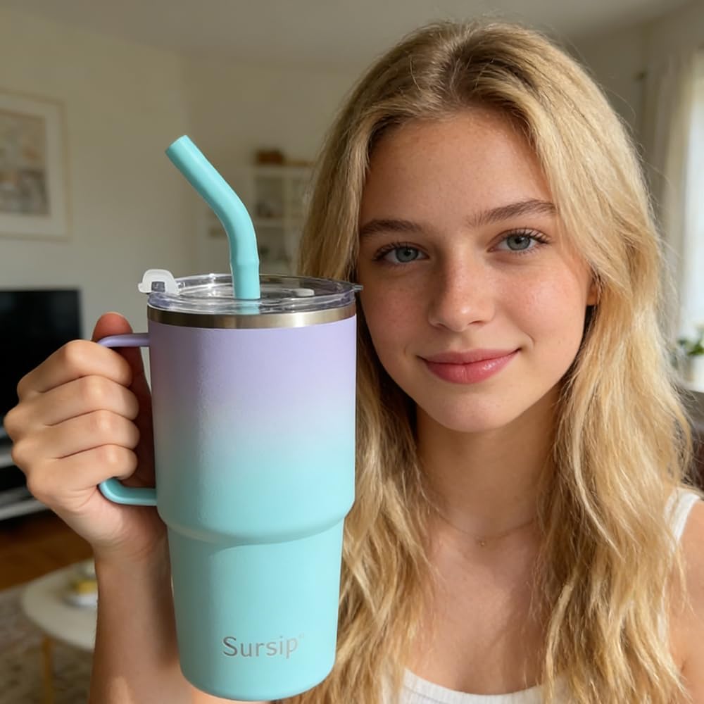 24 oz Insulated Tumbler with Handle Lids and Straw | Stainless Steel Double Wall Vacuum Travel Coffee Mugs for Office & Outdoor Leak proof BPA Free Cups