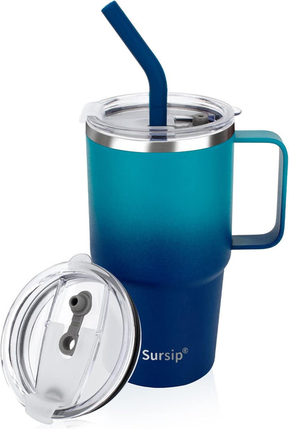 24 oz Insulated Tumbler with Handle Lids and Straw | Stainless Steel Double Wall Vacuum Travel Coffee Mugs for Office & Outdoor Leak proof BPA Free Cups