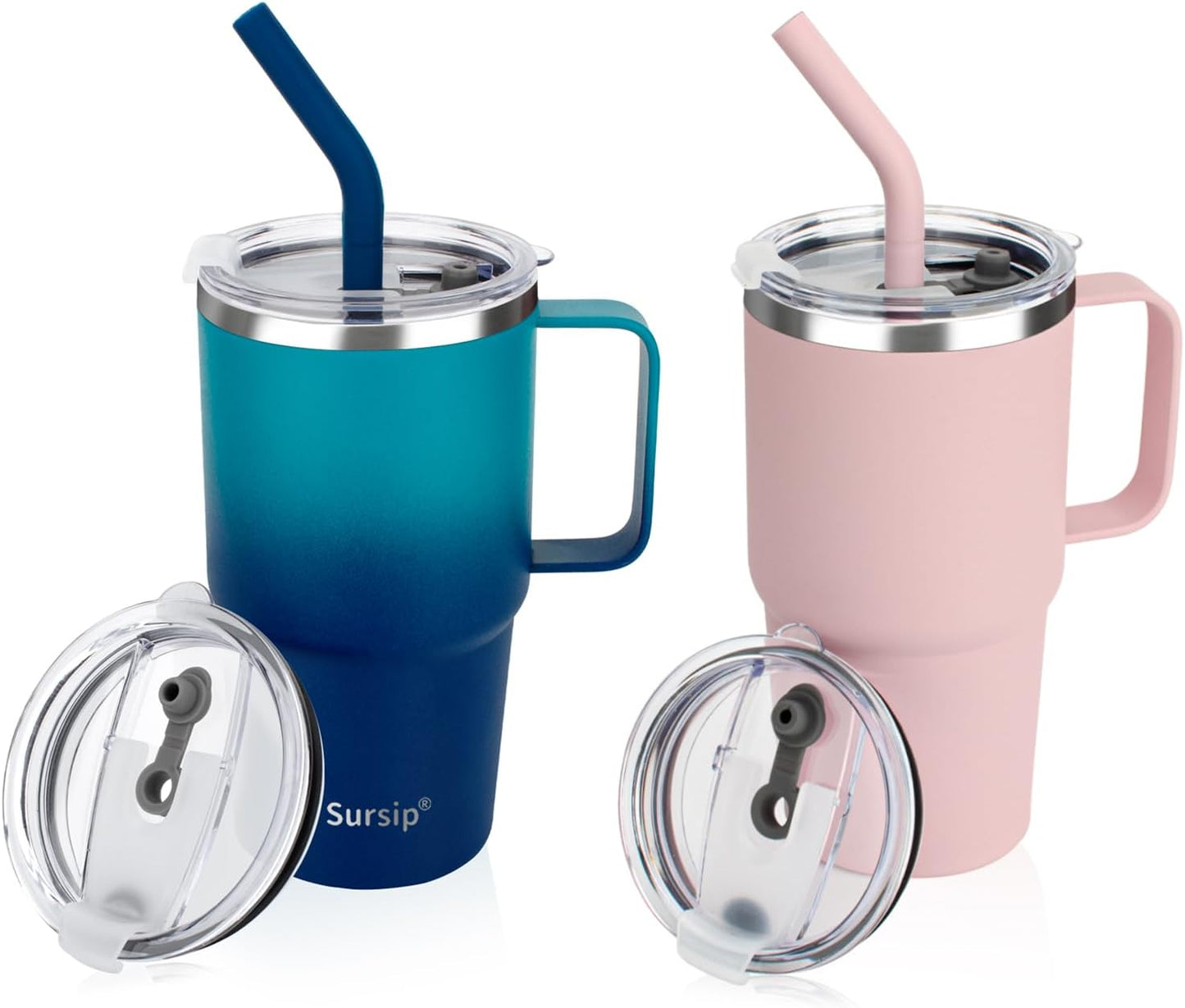 24 oz Insulated Tumbler with Handle Lids and Straw | Stainless Steel Double Wall Vacuum Travel Coffee Mugs for Office & Outdoor Leak proof BPA Free Cups