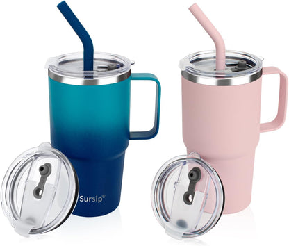 24 oz Insulated Tumbler with Handle Lids and Straw | Stainless Steel Double Wall Vacuum Travel Coffee Mugs for Office & Outdoor Leak proof BPA Free Cups