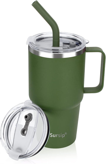 24 oz Insulated Tumbler with Handle Lids and Straw | Stainless Steel Double Wall Vacuum Travel Coffee Mugs for Office & Outdoor Leak proof BPA Free Cups