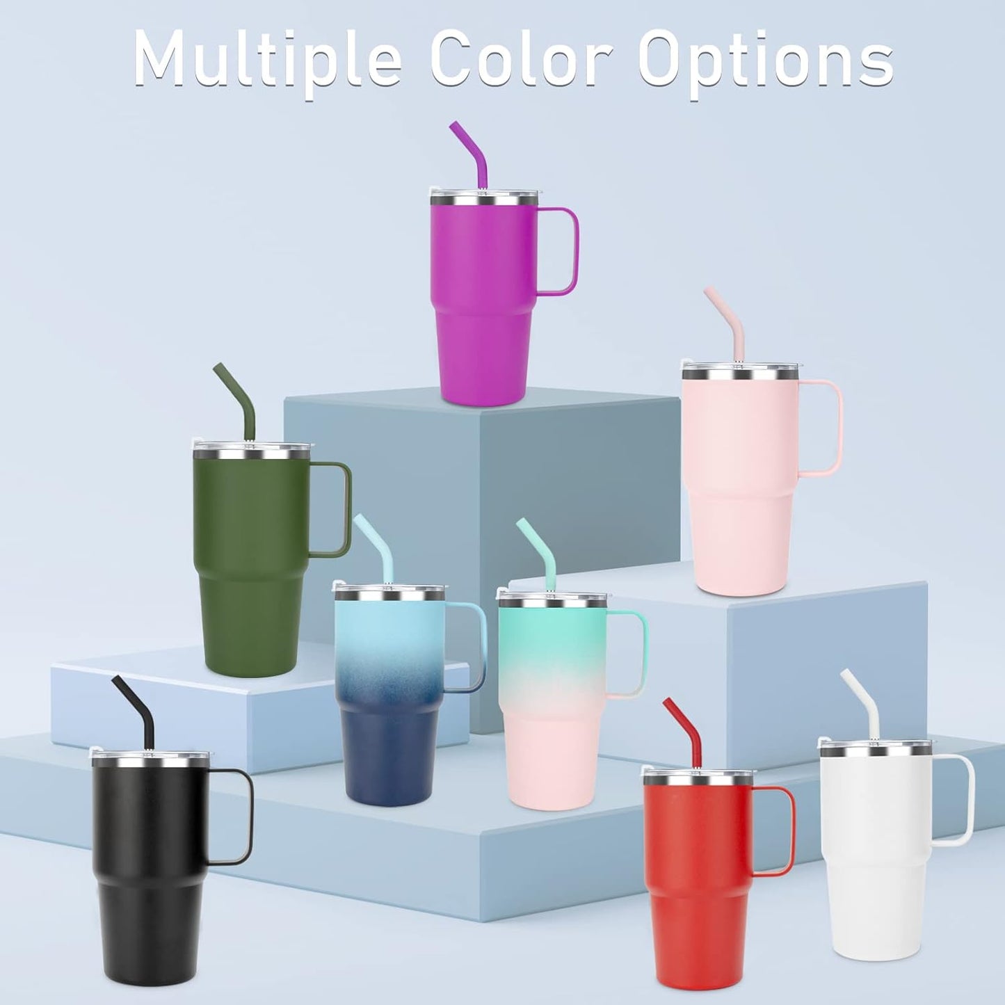 24 oz Insulated Tumbler with Handle Lids and Straw | Stainless Steel Double Wall Vacuum Travel Coffee Mugs for Office & Outdoor Leak proof BPA Free Cups