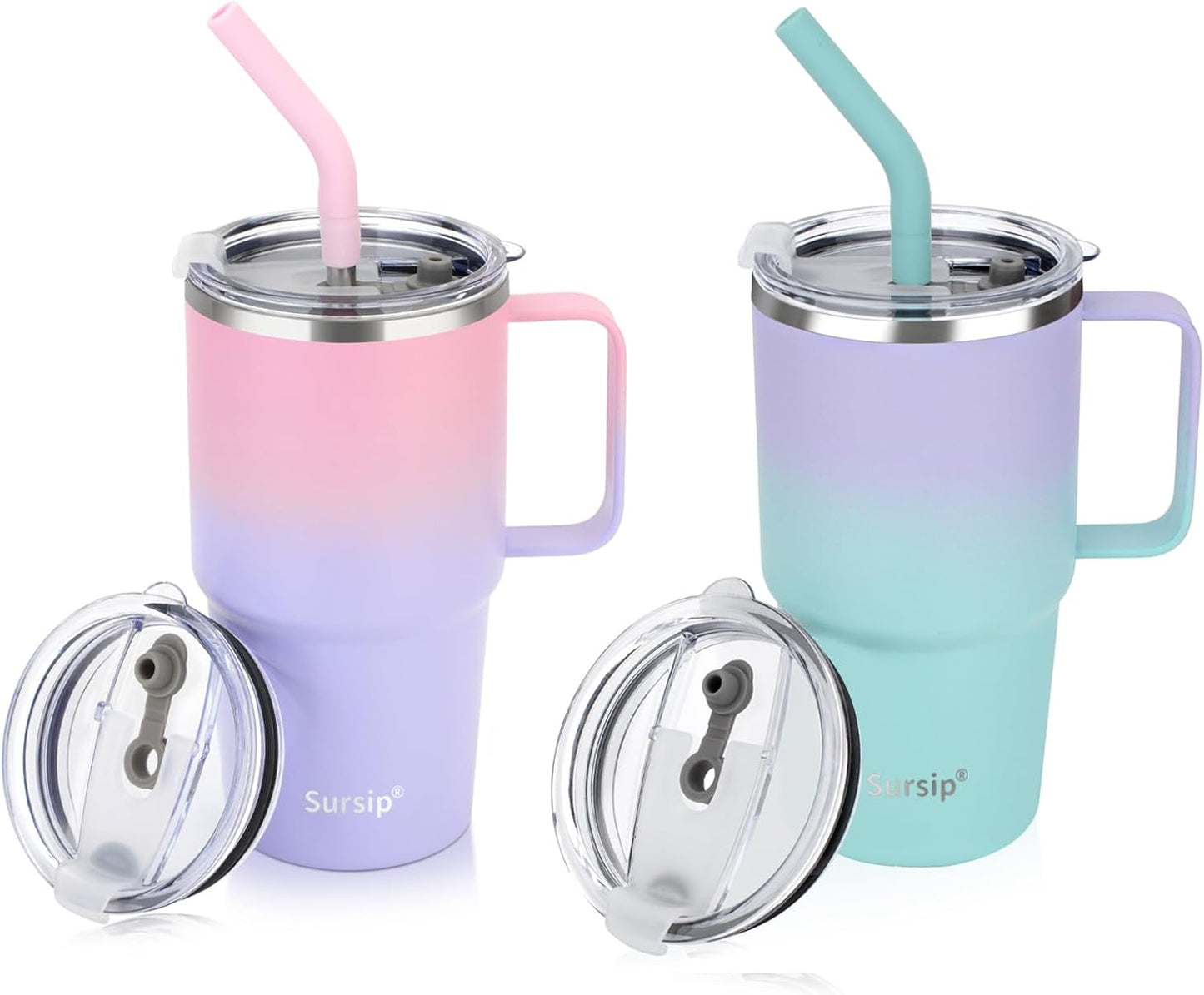 24 oz Insulated Tumbler with Handle Lids and Straw | Stainless Steel Double Wall Vacuum Travel Coffee Mugs for Office & Outdoor Leak proof BPA Free Cups