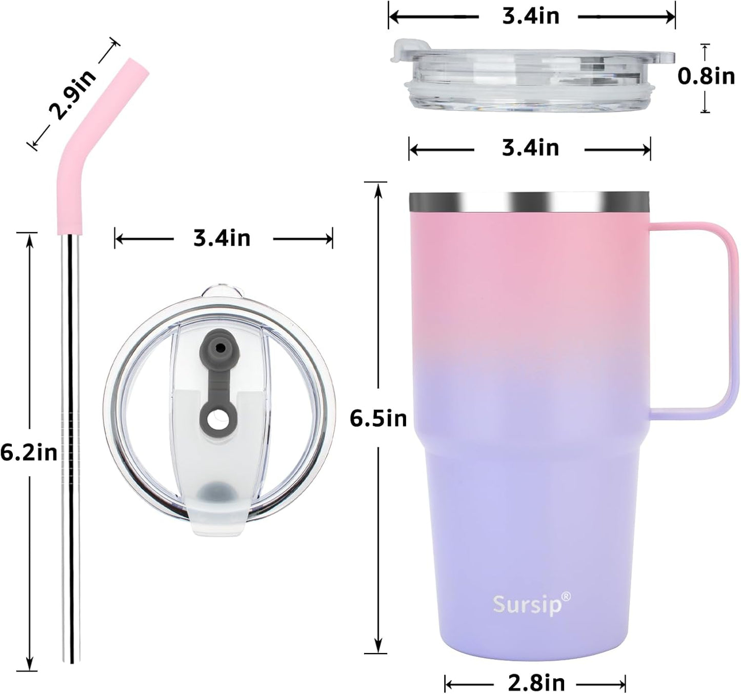 24 oz Insulated Tumbler with Handle Lids and Straw | Stainless Steel Double Wall Vacuum Travel Coffee Mugs for Office & Outdoor Leak proof BPA Free Cups