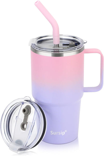 24 oz Insulated Tumbler with Handle Lids and Straw | Stainless Steel Double Wall Vacuum Travel Coffee Mugs for Office & Outdoor Leak proof BPA Free Cups