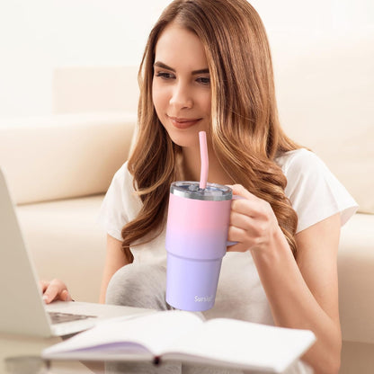24 oz Insulated Tumbler with Handle Lids and Straw | Stainless Steel Double Wall Vacuum Travel Coffee Mugs for Office & Outdoor Leak proof BPA Free Cups