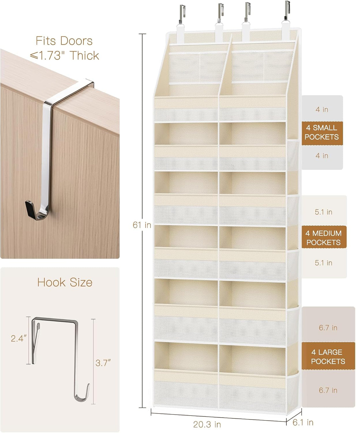 Over the Door Organizer, Extra Large 12 Compartments Closet Hanging Storage with 14 Mesh Pockets, 85lbs Capacity Behind the Door Storage for Baby Nursery, Bathroom, Bedroom, and Dorm, Beige