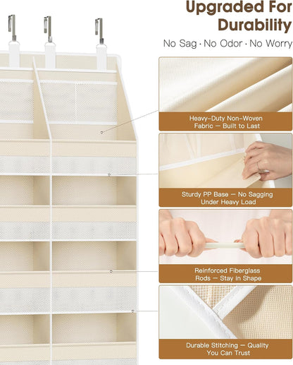 Over the Door Organizer, Extra Large 12 Compartments Closet Hanging Storage with 14 Mesh Pockets, 85lbs Capacity Behind the Door Storage for Baby Nursery, Bathroom, Bedroom, and Dorm, Beige