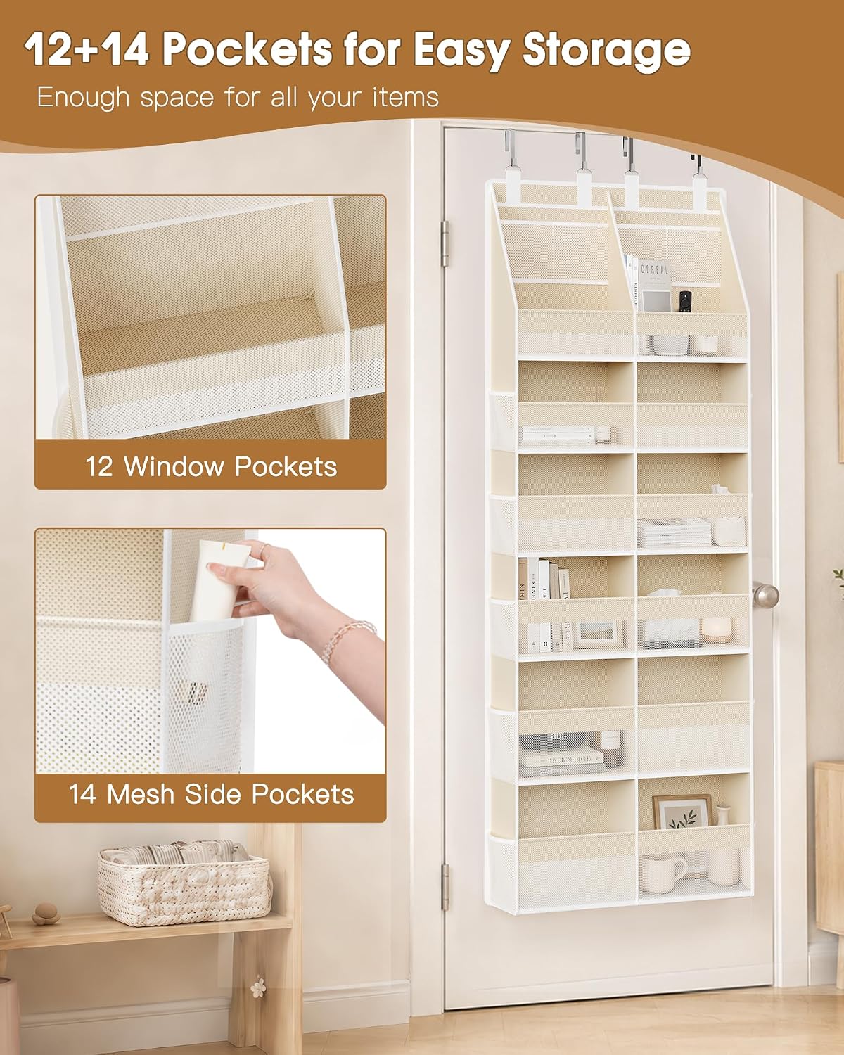 Over the Door Organizer, Extra Large 12 Compartments Closet Hanging Storage with 14 Mesh Pockets, 85lbs Capacity Behind the Door Storage for Baby Nursery, Bathroom, Bedroom, and Dorm, Beige