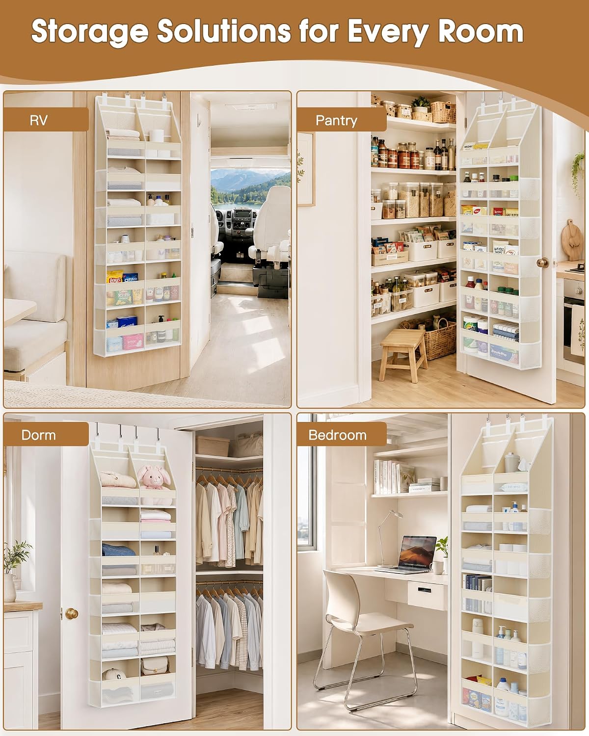 Over the Door Organizer, Extra Large 12 Compartments Closet Hanging Storage with 14 Mesh Pockets, 85lbs Capacity Behind the Door Storage for Baby Nursery, Bathroom, Bedroom, and Dorm, Beige