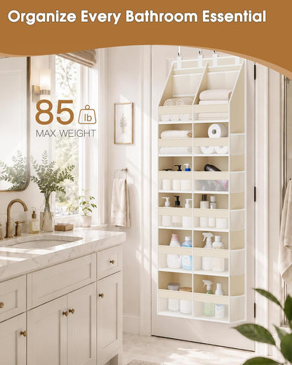 Over the Door Organizer, Extra Large 12 Compartments Closet Hanging Storage with 14 Mesh Pockets, 85lbs Capacity Behind the Door Storage for Baby Nursery, Bathroom, Bedroom, and Dorm, Beige