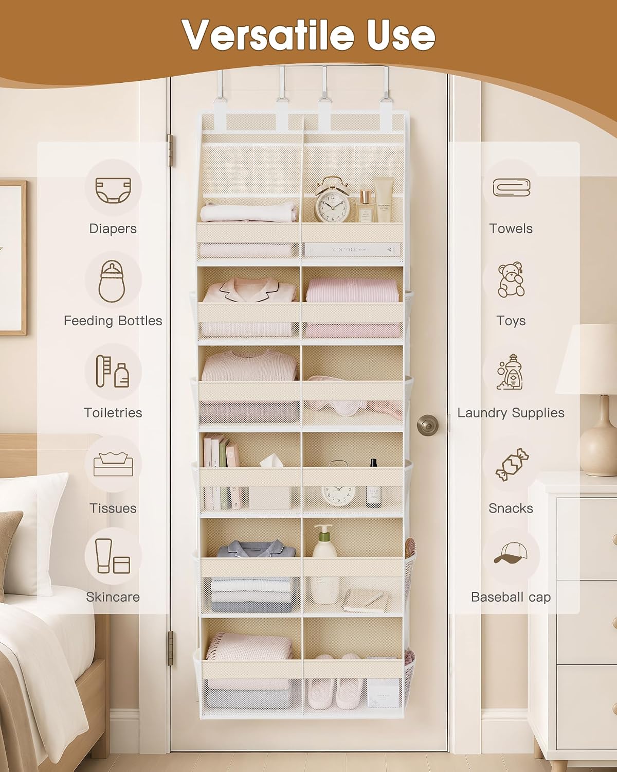 Over the Door Organizer, Extra Large 12 Compartments Closet Hanging Storage with 14 Mesh Pockets, 85lbs Capacity Behind the Door Storage for Baby Nursery, Bathroom, Bedroom, and Dorm, Beige