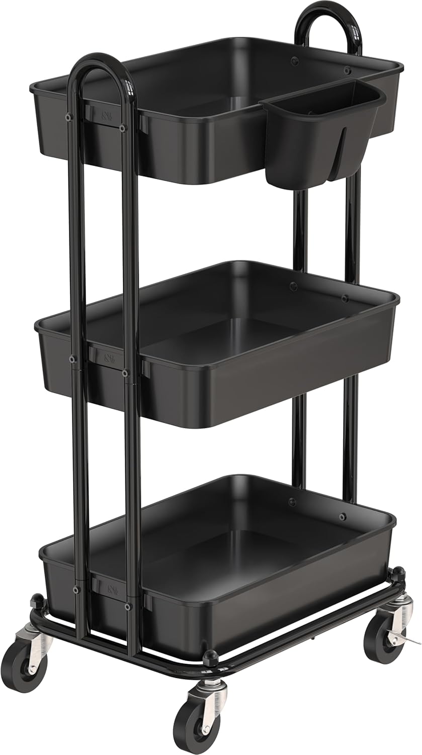 4-Tier Rolling Utility Cart with Hanging Bucket, Turquoise