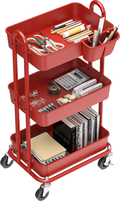 4-Tier Rolling Utility Cart with Hanging Bucket, Turquoise