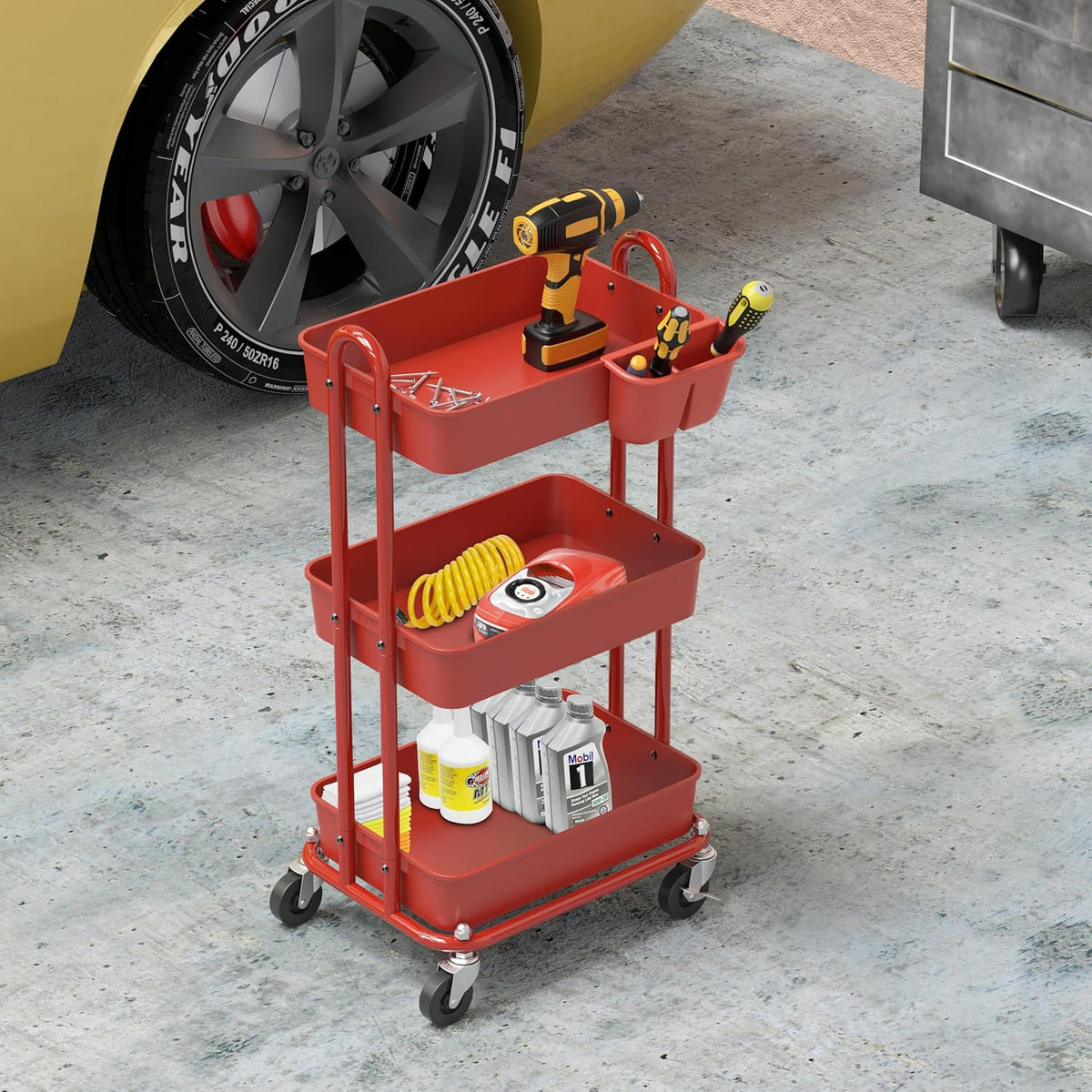 4-Tier Rolling Utility Cart with Hanging Bucket, Turquoise